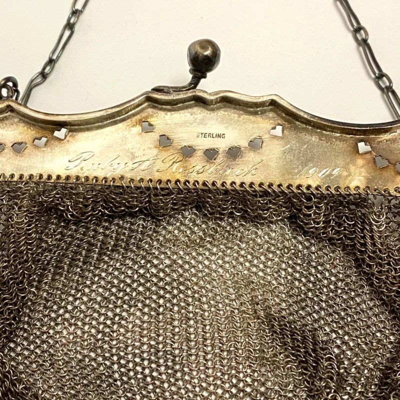 Antique Sterling Silver Mesh Purse - Ruby A Rossback 1909 Engraving