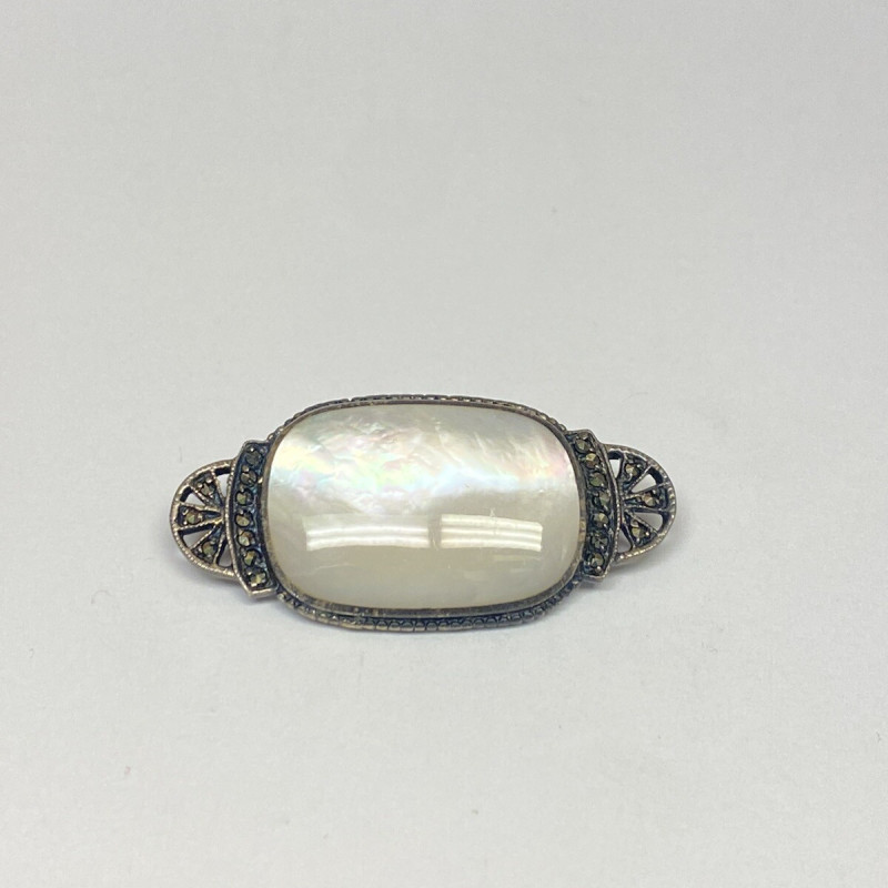 Sterling Silver Marcasite Pearl Gemstone Brooch  Woman's Pin 
