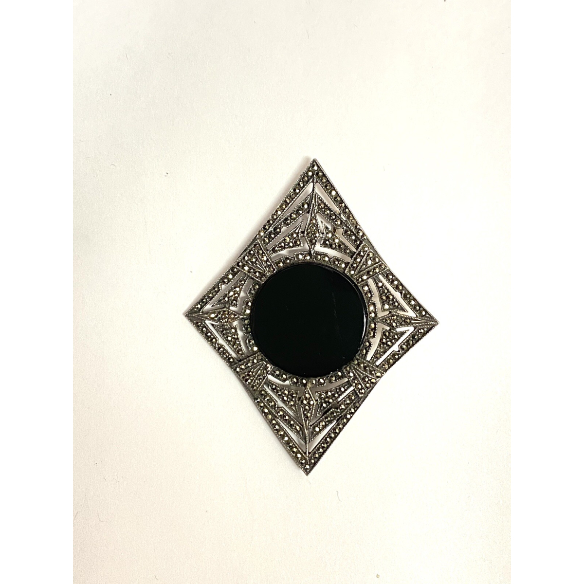 Vintage Sterling  Marcasite Black Centered  Stone  Diamond Shaped Brooch Pin