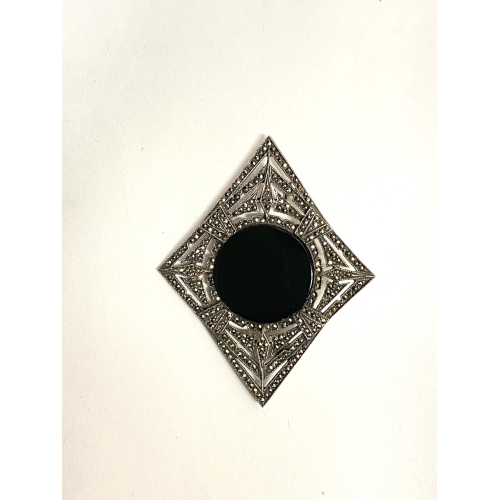 Vintage Sterling  Marcasite Black Centered  Stone  Diamond Shaped Brooch Pin