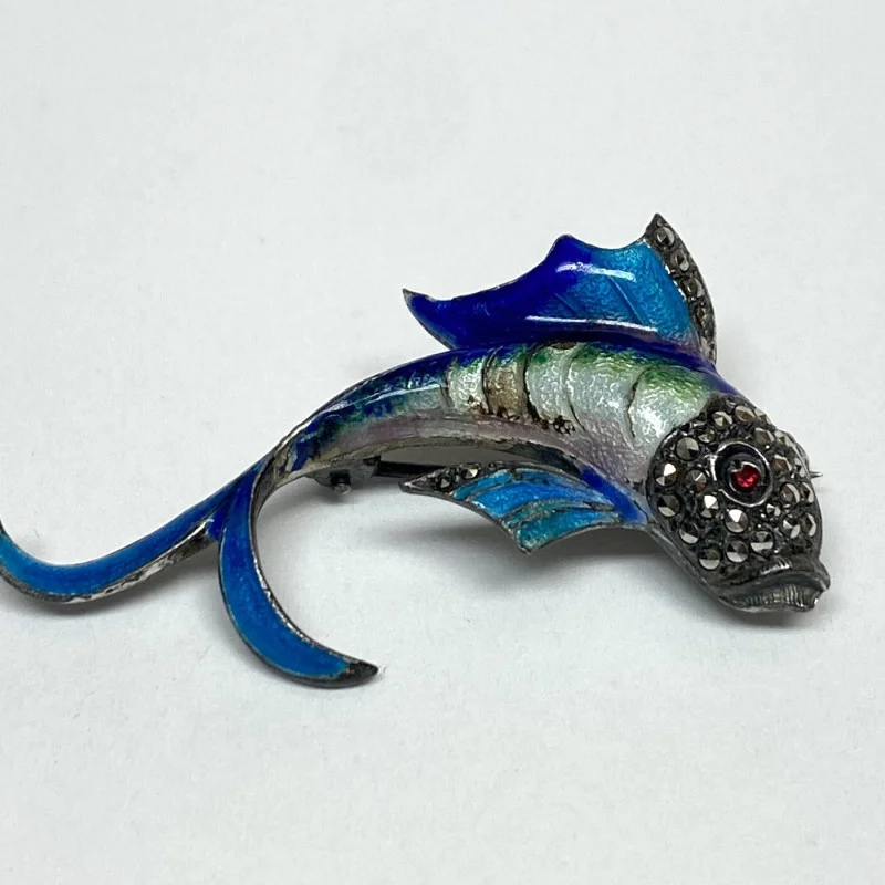 Antique Sterling Silver Designed Gems Faced Blue Multicolor Fish / 1 Ruby Eye  