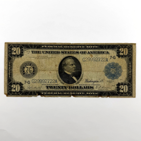 1914 $20 Large Federal Reserve Note Blue Seal, Triple 999 & Double 22, Cleveland