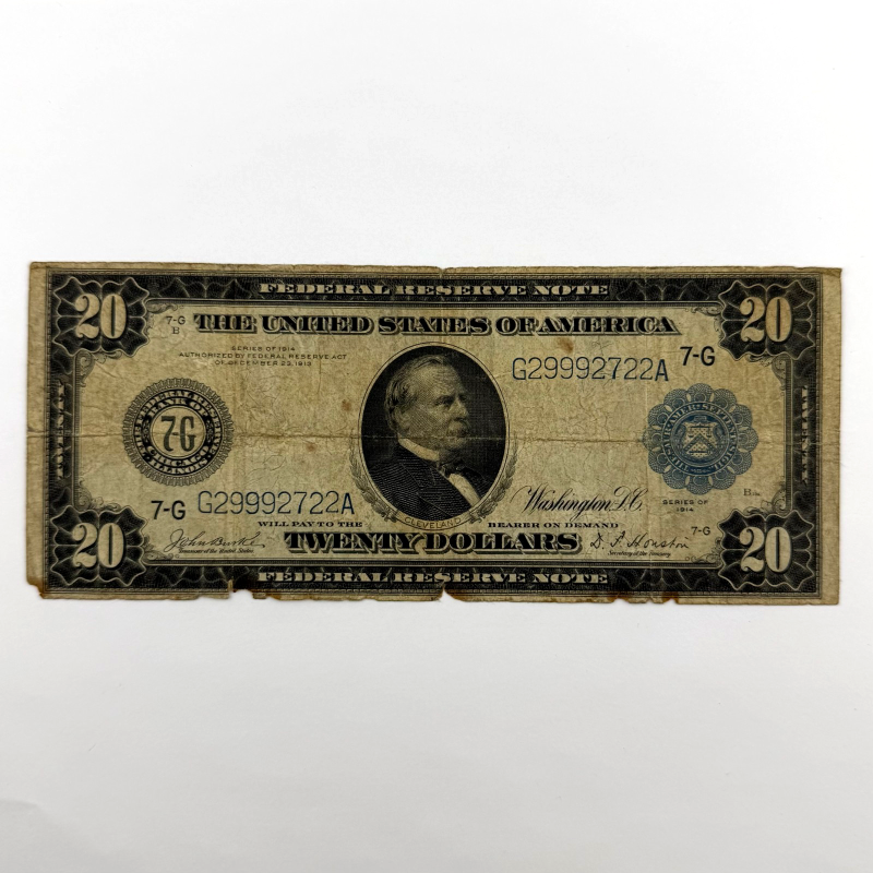 1914 $20 Large Federal Reserve Note Blue Seal, Triple 999 & Double 22, Cleveland