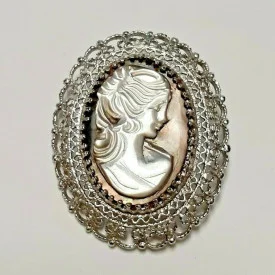 Vtg. Sterling Silver Oval Black Mother of Pearl Cameo Pin Brooch/ Pendant K.L.