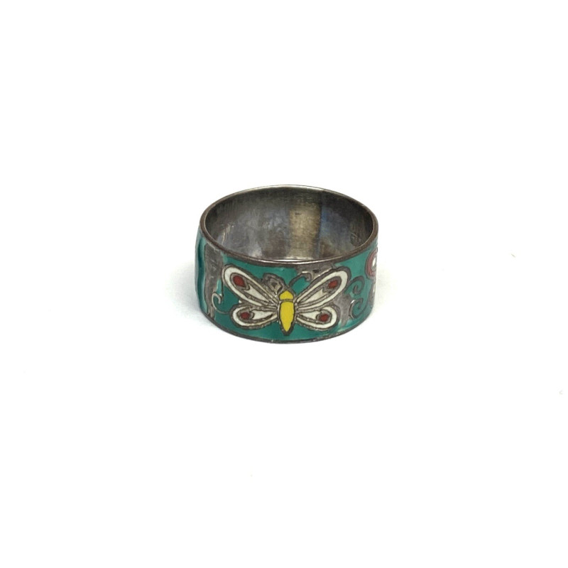 Antique Thailand Sterling Silver Green Multicolored Designed w/ Butterflies Ring Antique Thailand Sterling Silver Green Multicolored Designed w/ Butterflies Ring