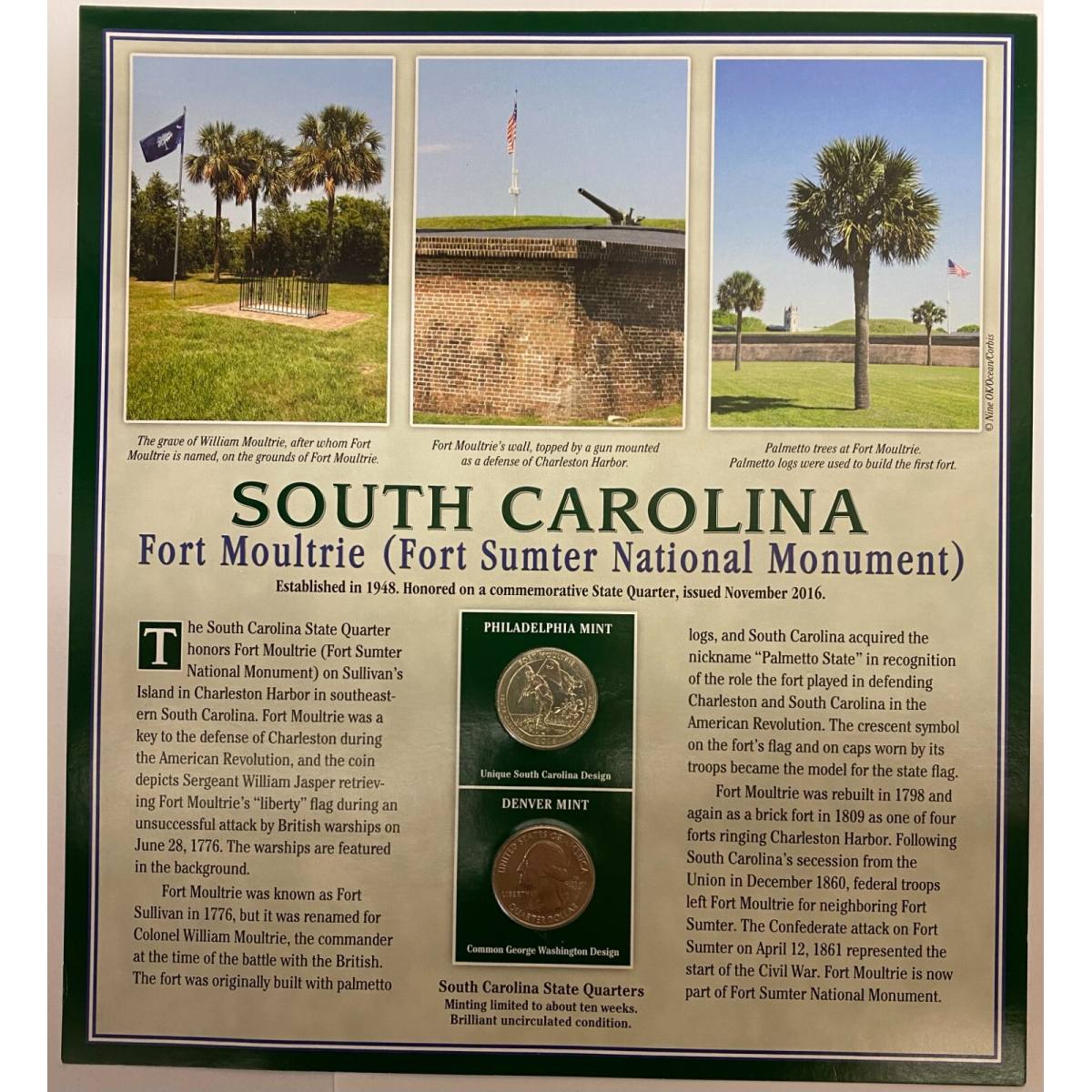 2016 SOUTH CAROLINA PCS AMERICA THE BEAUTIFUL STATEHOOD QUARTERS & STAMPS SHEET
