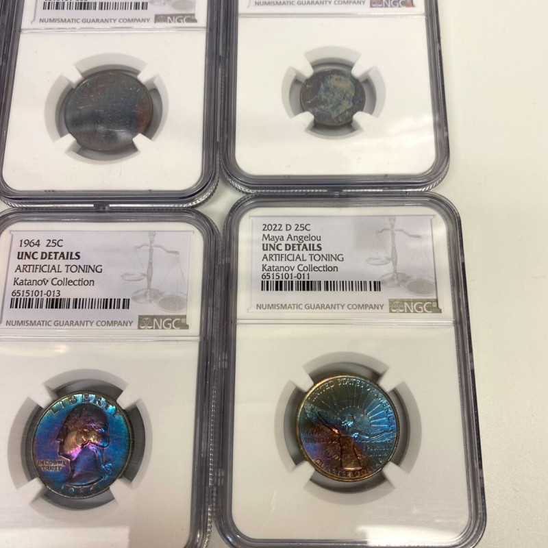 NGC UNC Details–8 Coins: Artificial Toning (7×25C, 1×10C), Altered Color (1×1C) NGC UNC Details–8 Coins: Artificial Toning (7×25C, 1×10C), Altered Color (1×1C)