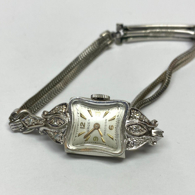 Vintage Ladies Gruen Precision 14K White Gold w Diamonds 17 Jewels