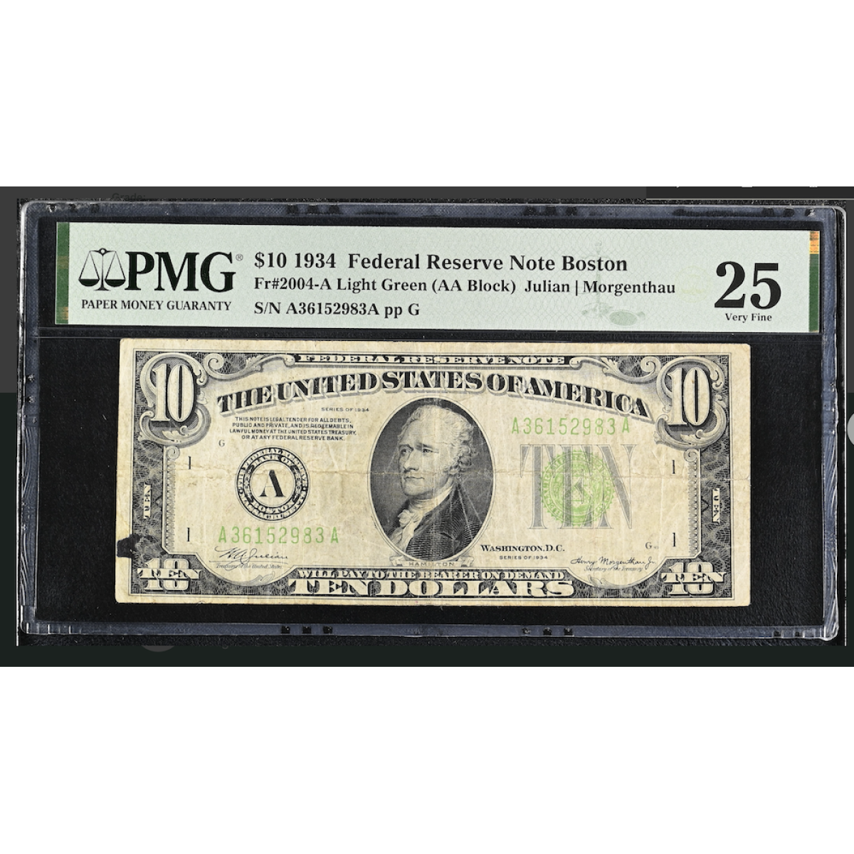 1934 $10 Federal Reserve Note Green Seal, Serial A36152983A Boston A, PMG 25 VF