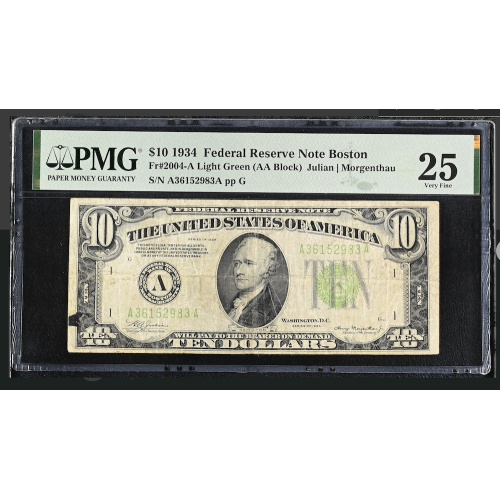 1934 $10 Federal Reserve Note Green Seal, Serial A36152983A Boston A, PMG 25 VF 1934 $10 Federal Reserve Note Green Seal, Serial A36152983A Boston A, PMG 25 VF
