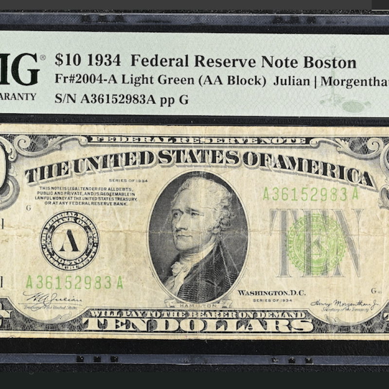 1934 $10 Federal Reserve Note Green Seal, Serial A36152983A Boston A, PMG 25 VF