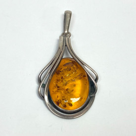 Silver Vintage Real Amber Modernist Pendant