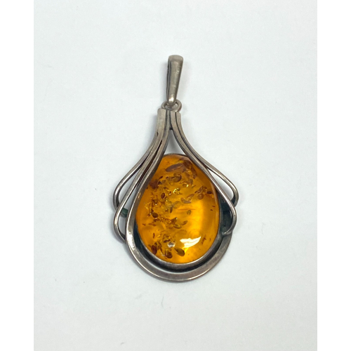 Silver Vintage Real Amber Modernist Pendant Silver Vintage Real Amber Modernist Pendant