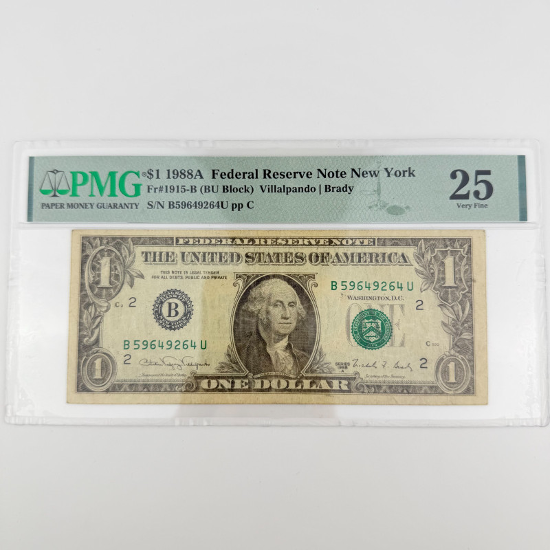 1988A $1 FRN New York Fr. 1915-B BU Block PMG 25 Villalpando/Brady B59649264U