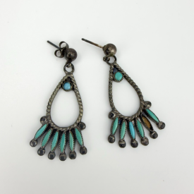 Vintage Silver Turquoise Zuni Petit Style Point Pierced Earrings