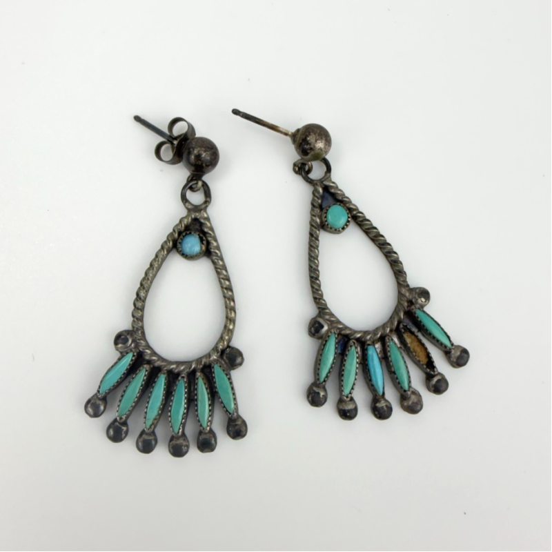 Vintage Silver Turquoise Zuni Petit Style Point Pierced Earrings