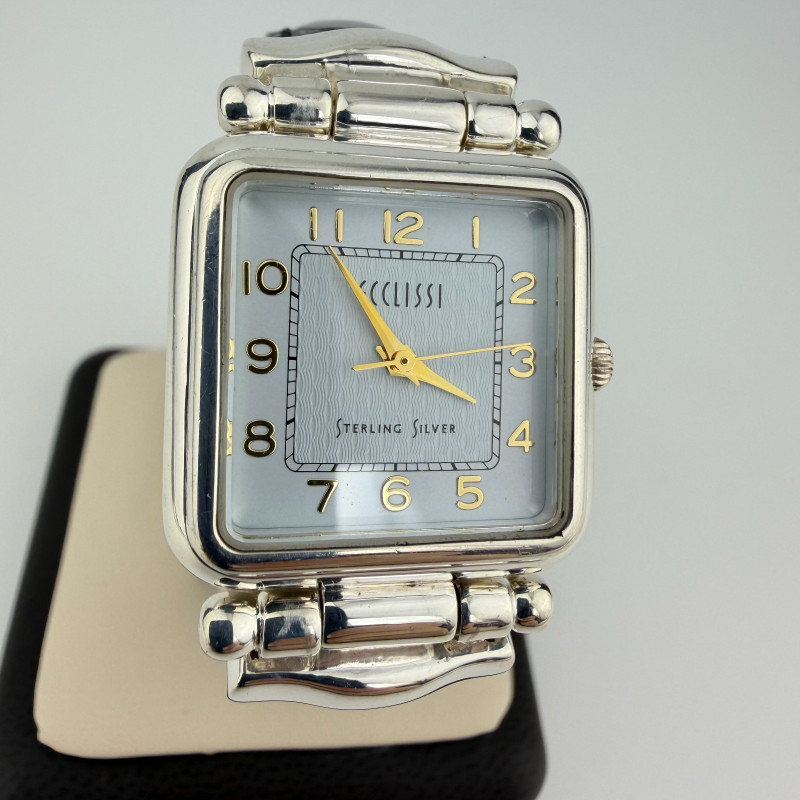Ecclissi 2760 Sterling Silver 925 Rectangular Ladies Watch Black Strap 7.25"