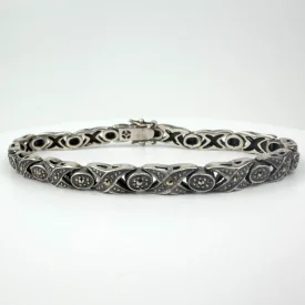 Vintage Signed MO Sterling 925 XO Marcasite Hugs Kisses Love 7.7'' Bracelet 19G