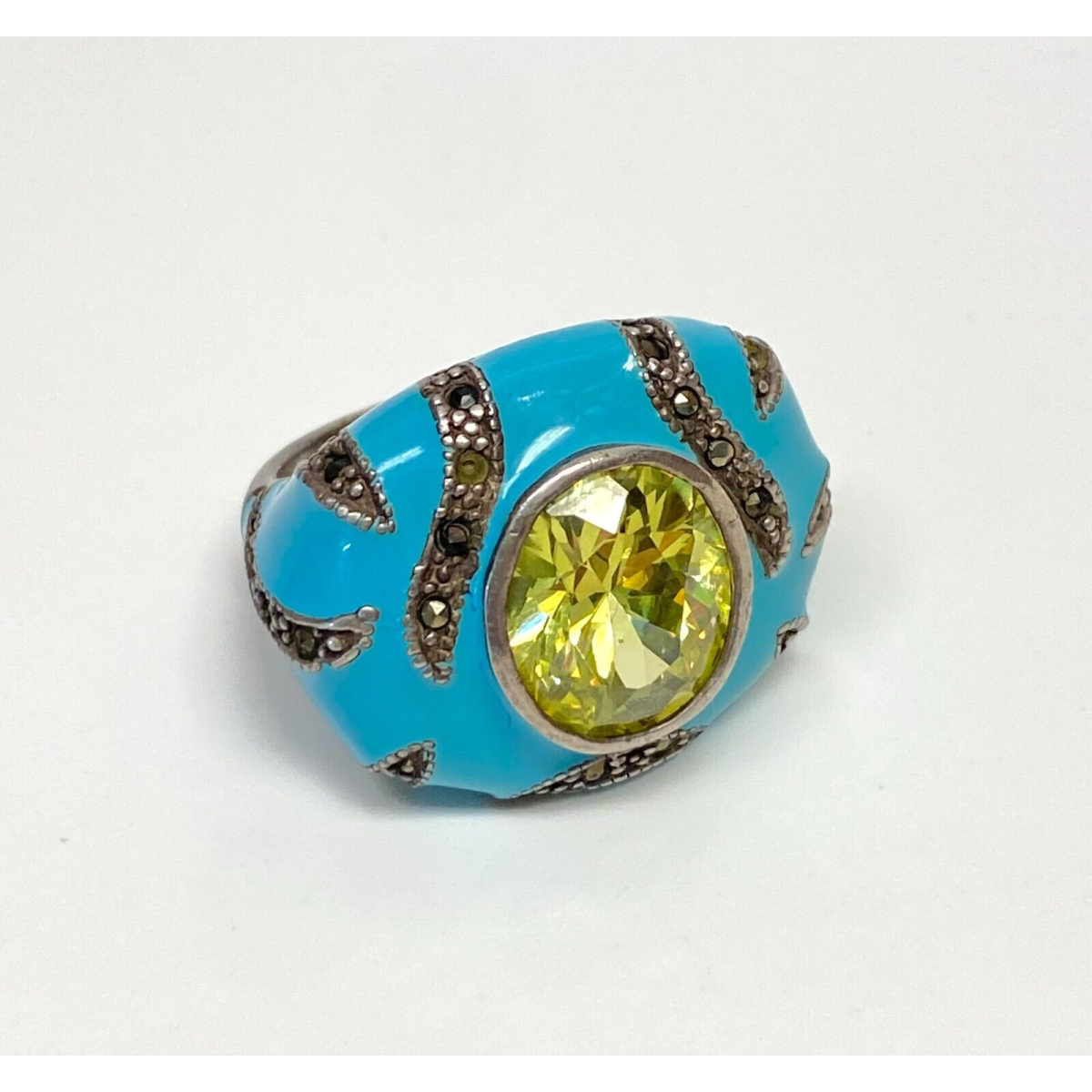 Sterling Silver Ring Faceted Citrine Crystal and Marcisites Blue Enamel Sz 7