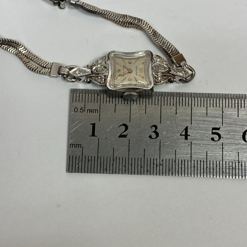 Vintage Ladies Gruen Precision 14K White Gold w Diamonds 17 Jewels