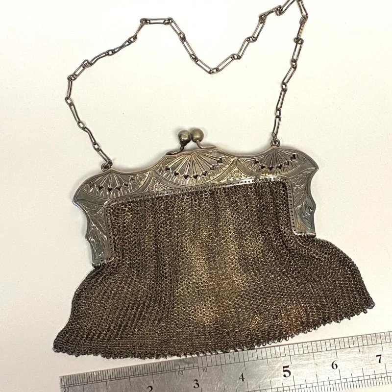 Antique Sterling Silver Mesh Purse - Ruby A Rossback 1909 Engraving