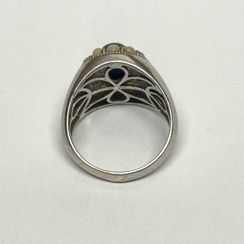 Blue Star Sapphire & Opal gems stones Silver 925 Ring, Size 12 