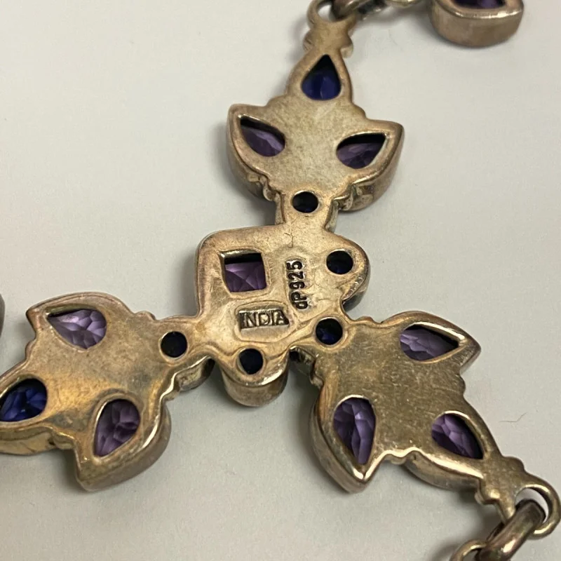 925 Sterling Silver Amethyst and Sapphires Drop Necklace - India