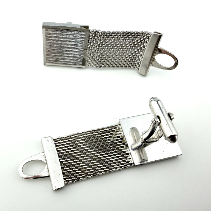 Vintage Square Cuff Links Textured Silver Tone Mesh Wrap Setting Cufflinks