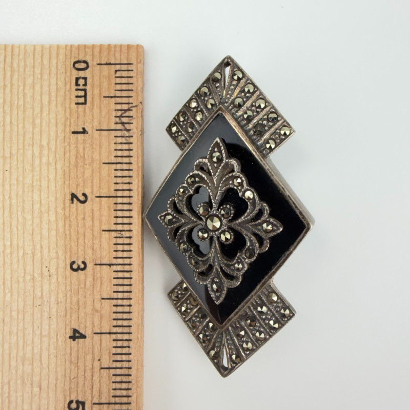 Vintage Geometrical Pin / Brooch with Black Onyx and Marcasite 925 Sterling