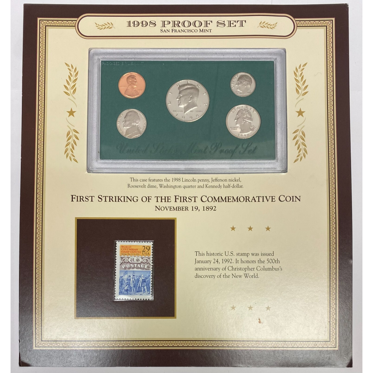 1998 US Mint Proof Set San Francisco Set Display Card W/Stamp Columbia’s Expo