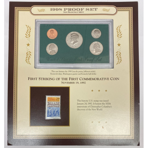 1998 US Mint Proof Set San Francisco Set Display Card W/Stamp Columbia’s Expo