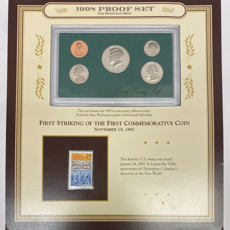1998 US Mint Proof Set San Francisco Set Display Card W/Stamp Columbia’s Expo