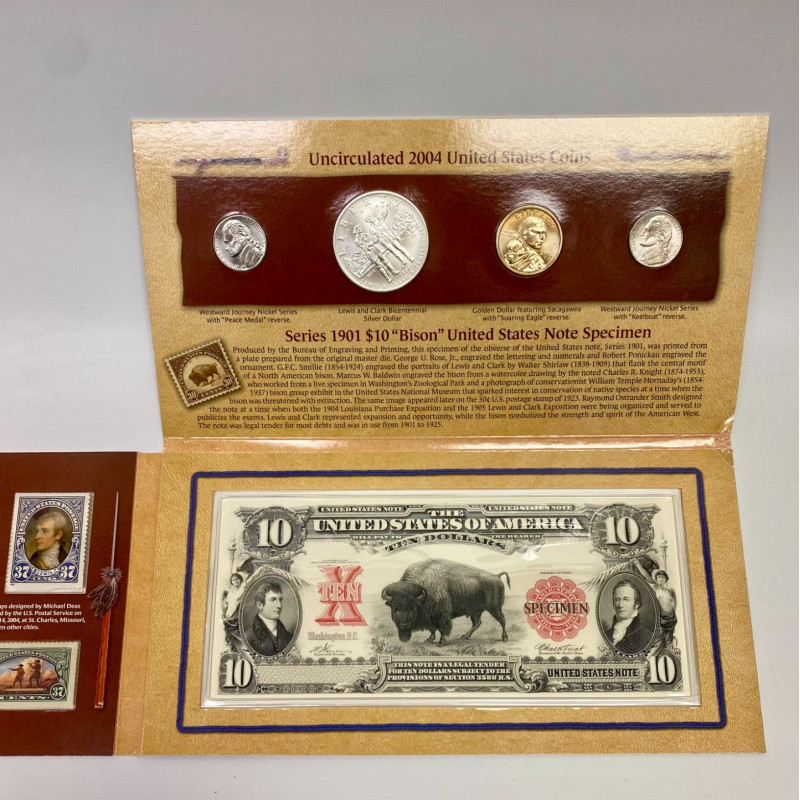 2004 Lewis & Clark Coinage & Currency Coin/Medal Set w/ $10 Bison Note & Stamps 2004 Lewis & Clark Coinage & Currency Coin/Medal Set w/ $10 Bison Note & Stamps