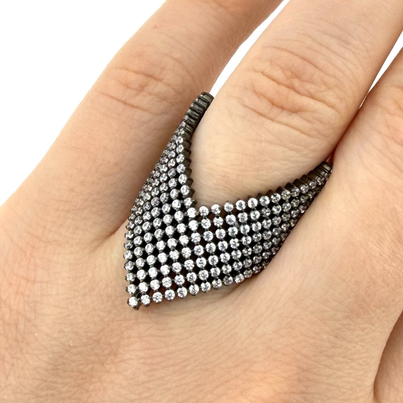 Black Rhodium Plated 925 Silver Pave CZ Chevron V Shape Ring Size 6