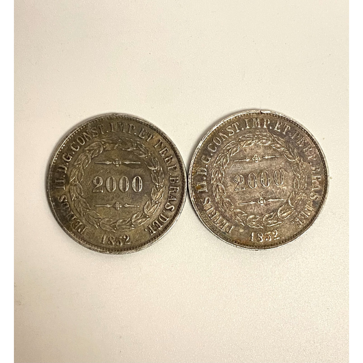 1852 Brazil 2000 Reis silver coins, 2 pcs