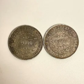 1852 Brazil 2000 Reis silver coins, 2 pcs