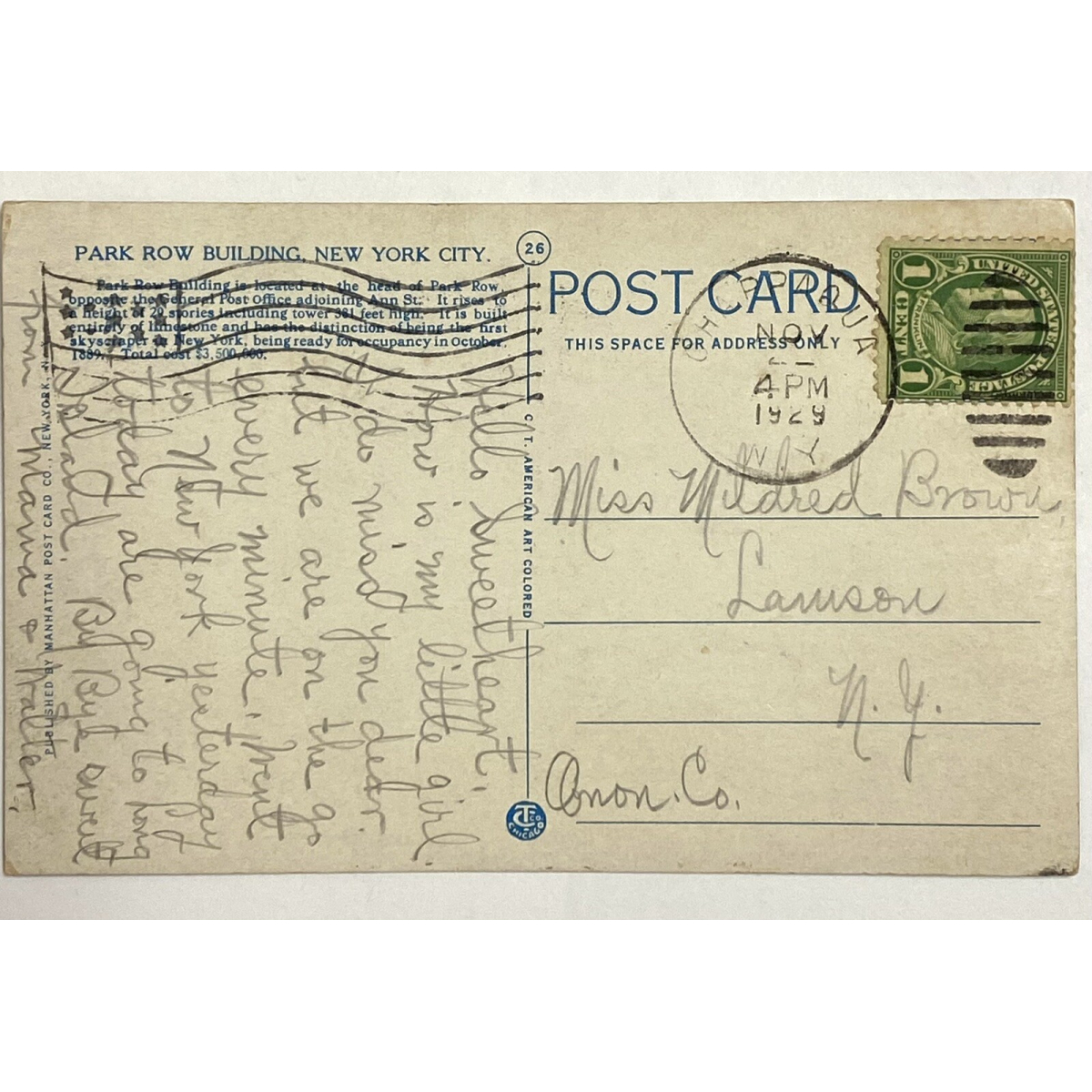 1922 1 cent George Washington postage stamp on Post card #Nov