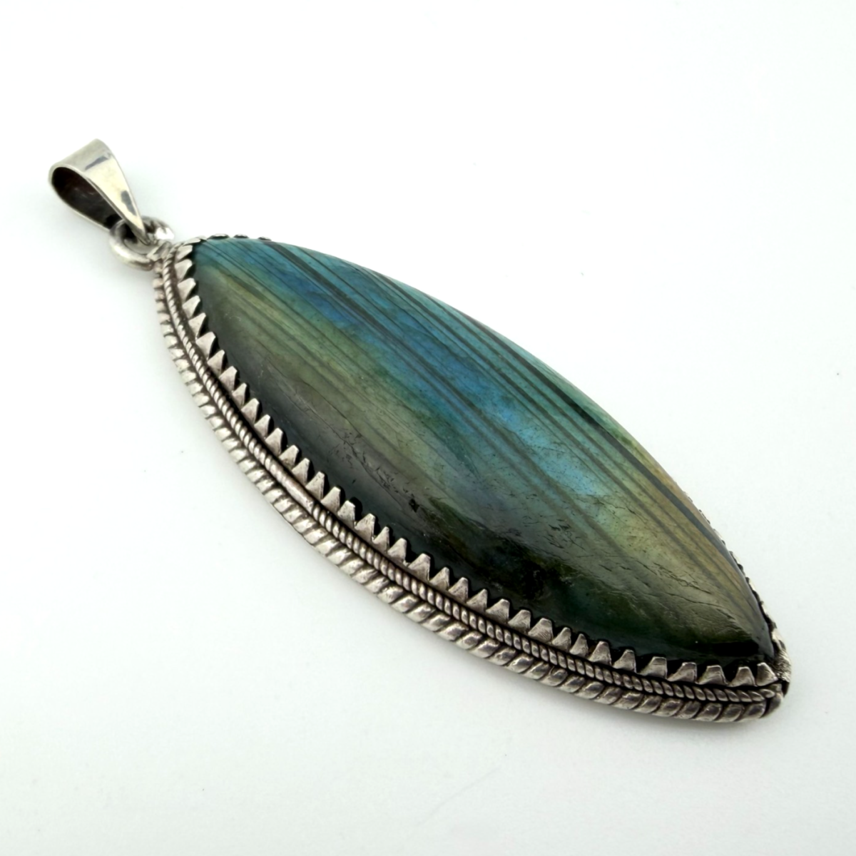 Vintage Large Labradorite Sterling Silver Necklace Pendant Marquise Shape - Unbranded