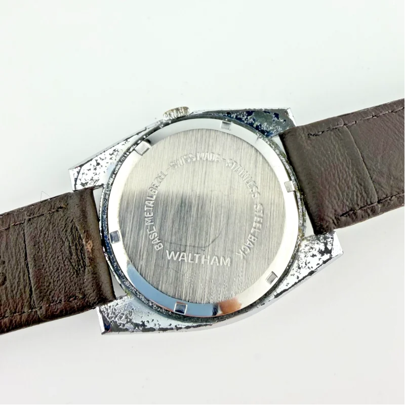Vintage Waltham 17 Jewel Mechanical Watch Swiss Linen Dial Men's Leather Band
