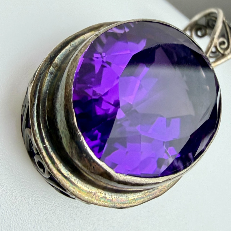 925 Sterling Silver Vintage Real Dark Purple Oval Amethyst Gemstone Pendant