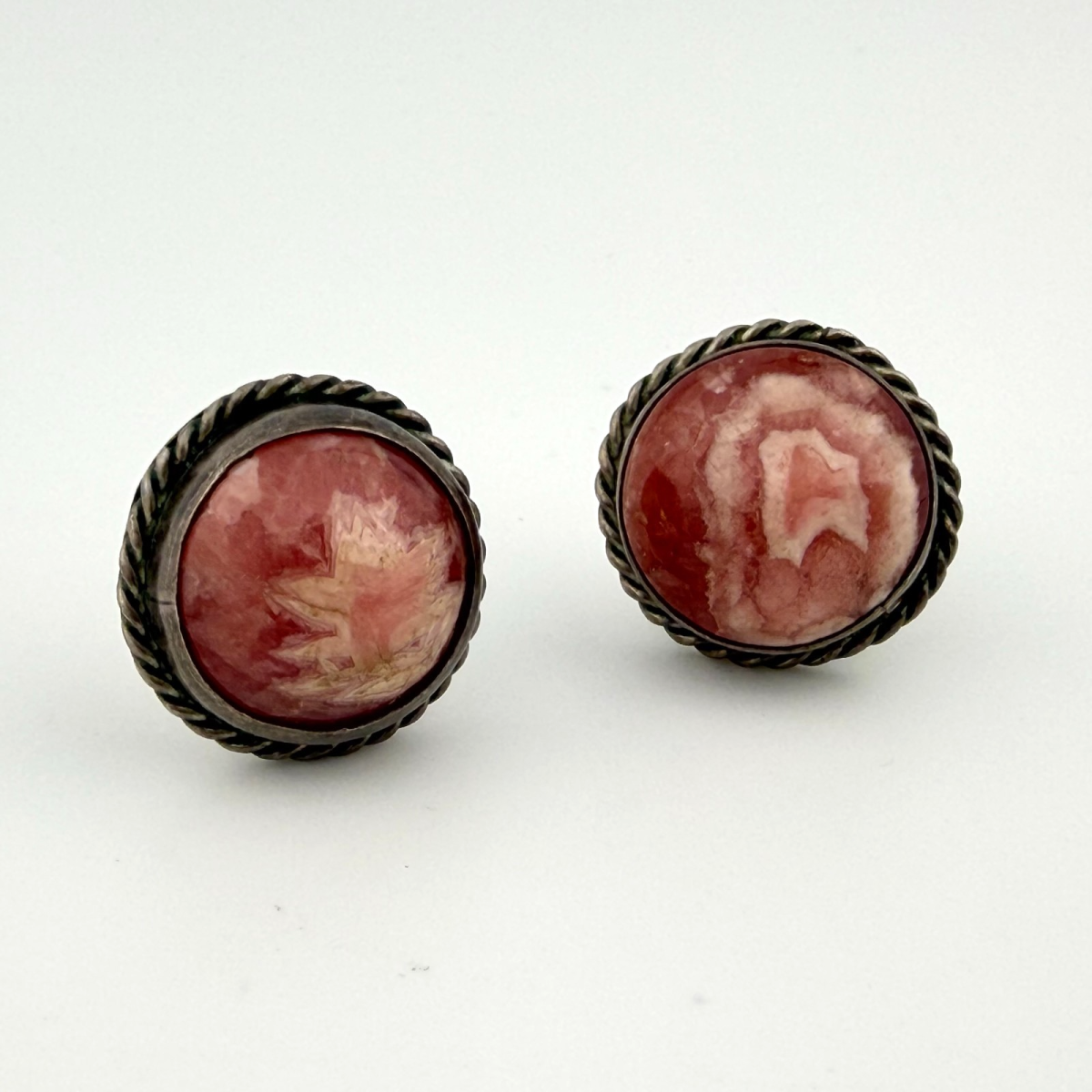 Vintage Handmade Sterling Silver Rhodochrosite Stud Earrings - Unbranded