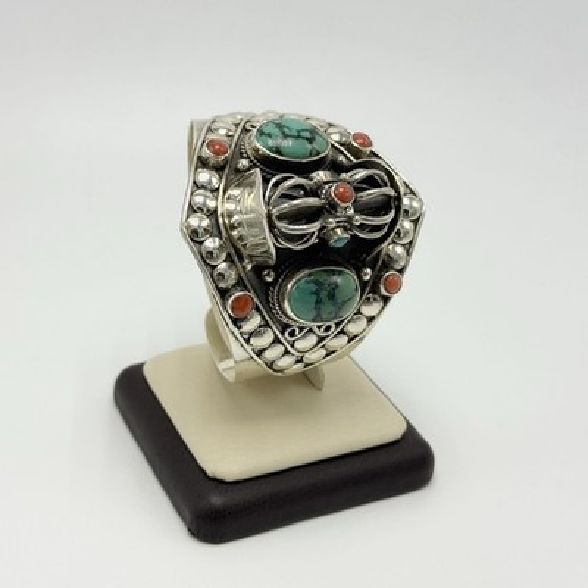 Vintage 925 Sterling Silver Turquoise & Coral Rotating Cuff Bracelet Handmade - Unbranded