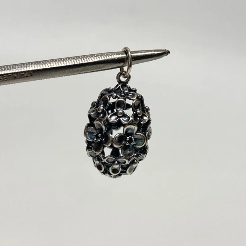PANDORA 925 Sterling Silver Real Black Spinel Gem Wanda's Garden Flower Pendant