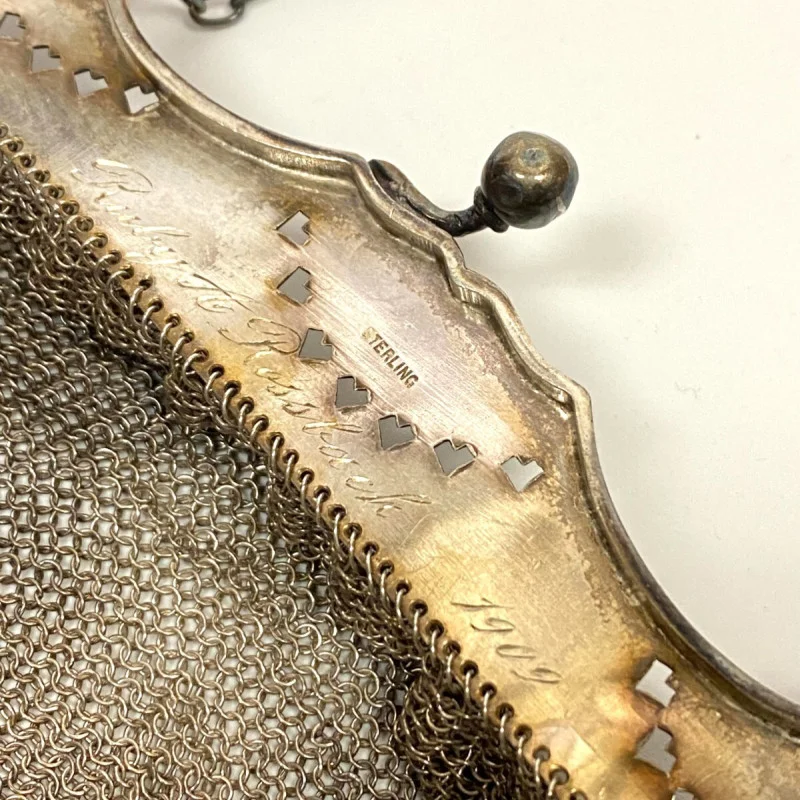 Antique Sterling Silver Mesh Purse - Ruby A Rossback 1909 Engraving