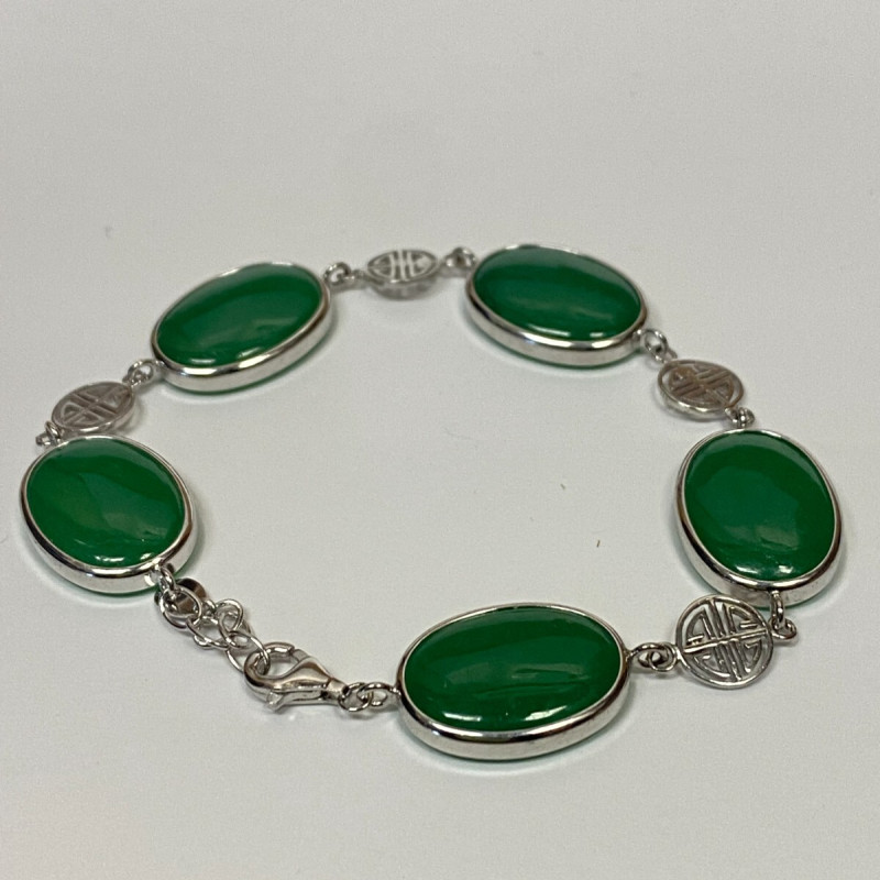 GREEN JADE STONE 925 STERLING SILVER LINK CHAIN BRACELET 7" GREEN JADE STONE 925 STERLING SILVER LINK CHAIN BRACELET 7"