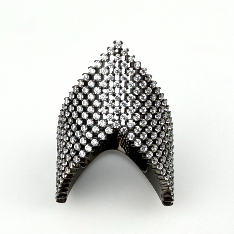 Black Rhodium Plated 925 Silver Pave CZ Chevron V Shape Ring Size 6