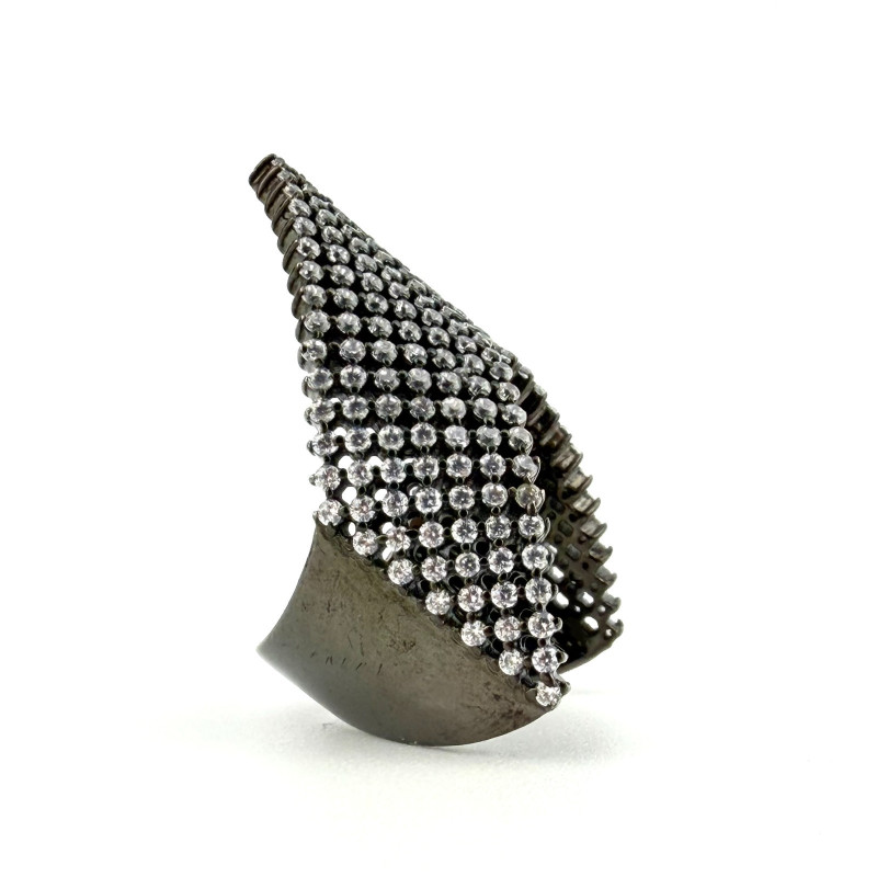 Black Rhodium Plated 925 Silver Pave CZ Chevron V Shape Ring Size 6
