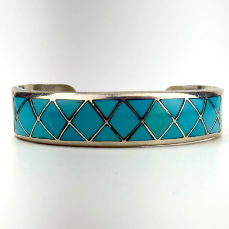Vintage Zuni Native American Navajo Turquoise Inlay Sterling Silver Bracelet
