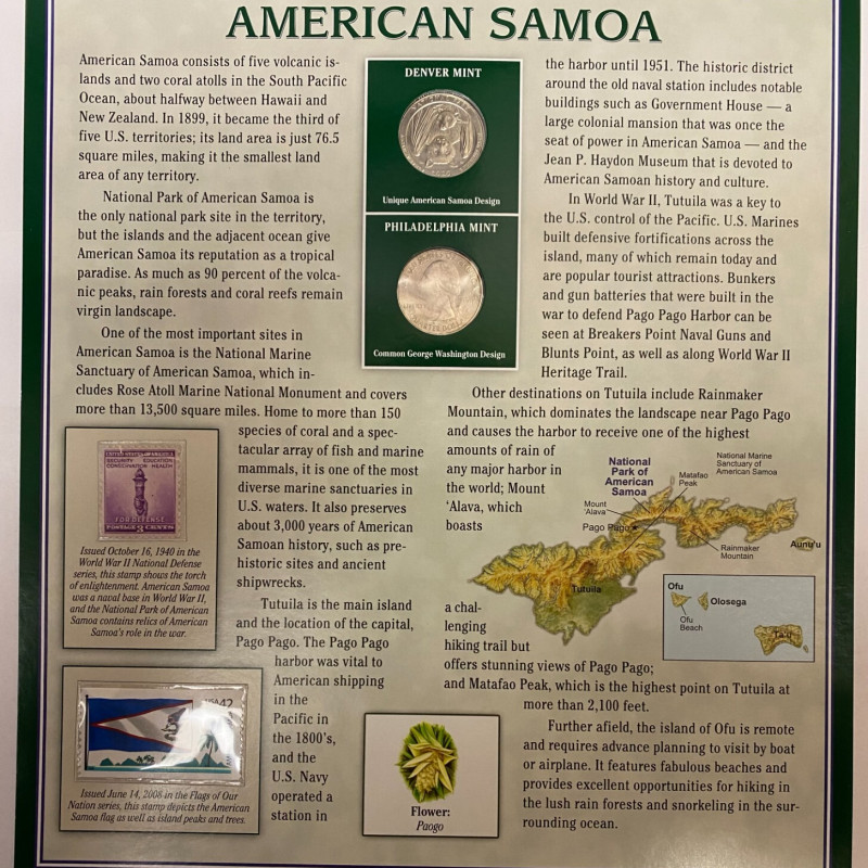 2020 National Park of American Samoa Quarter P&D coins w/2 Stamp