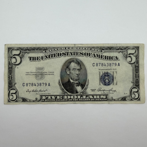 1953 Series $5 Blue Seal Silver Certificate, Serial C87843879A, Philadelphia - C 1953 Series $5 Blue Seal Silver Certificate, Serial C87843879A, Philadelphia - C